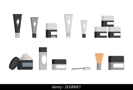 Set of different jars and tubes of cosmetics and shaving tool isolated on white background. Razor and shaving brush. Packaging for men self care cosmetics, and spa treatments. Beauty products concept. Stock Vector