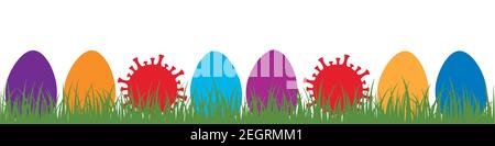 colorful easter eggs and corona virus in green meadow covid easter design banner vector illustration EPS10 Stock Vector