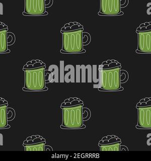 Happy Saint Patrick Day - beer mug seamless pattern. Holiday black background vector Stock Vector
