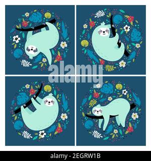 Set of sloth in tropical leaves and flowers. Stock Vector