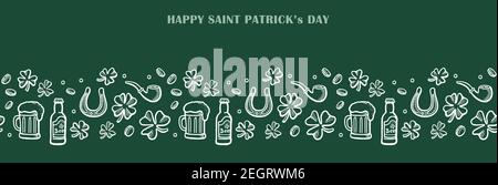 hand drawn saint patricks seamless border with white line elements on green backgroand. Irish border with clover, gold, smoking pipe and horseshshoe Stock Vector