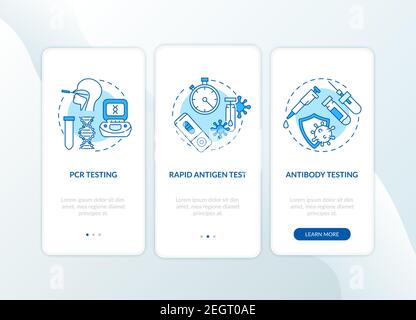 Covid testing types onboarding mobile app page screen with concepts Stock Vector