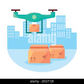 drone delivery service with box and cityscape vector illustration ...