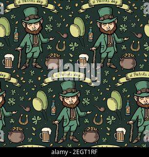 hand drawn seamless pattern with saint patricks elements. Vector line illustration. Irish pattern with clover, leprechaun, ribbon, beer, cauldron with Stock Vector