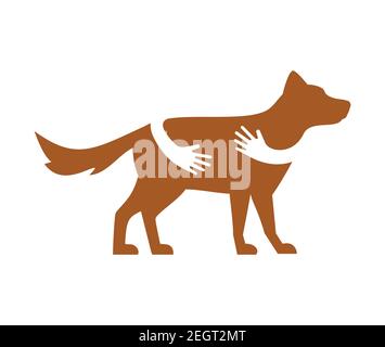 Human hands holding or embracing dog silhouette vector flat illustration. Creative emblem with arms in brown color. Pet shop, veterinary clinic, pet sitter service logo design template. Stock Vector
