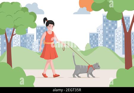 Young pretty girl in red dress walking in city park with cat vector flat illustration. Girl taking pet on leash. Female owner with domestic animal. Pet care, outdoor activity, pet sitter. Stock Vector