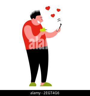 A man gets likes on social networks. Stands in slippers with an apple and a smartphone in his hands. Happy smile on your face. Vector isolated cartoon Stock Vector
