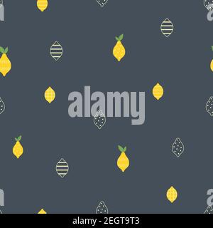 Lemon summer fruit seamless pattern on dark background. Stock Vector