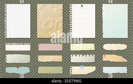 Paper blank sheets set. Torn paper strips set on transparent background. Stock Vector