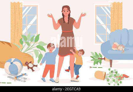 Upset and confused mother with two crying naughty little boys vector flat illustration. Mom standing in messy living room and trying to calm down her sons. Parenting, motherhood concept. Stock Vector