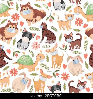 Domestic pets vector flat seamless pattern isolated on white background. Cute little dogs, cats, rabbits, and turtles in masks. Domestic animals, backdrop concept for veterinary clinic. Stock Vector