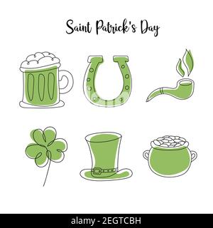 Hand drawn leprechaun hat, clower, beer mug, golden coin pot sketch set for St. Patrick Day. Irish festival decoration. Vector hand drawn set Stock Vector