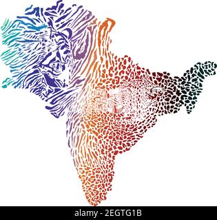Color map of Indian subcontinent with tiger and leopard background Stock Vector