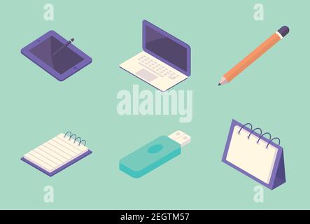bundle of six work place equipment icons vector illustration design Stock Vector