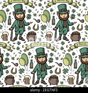 hand drawn seamless pattern with saint patricks elements. Vector line illustration. Irish pattern with clover, leprechaun, ribbon, beer, cauldron with Stock Vector