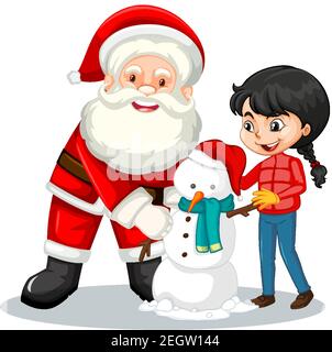 Santa Claus with girl creating snowman on white background illustration Stock Vector