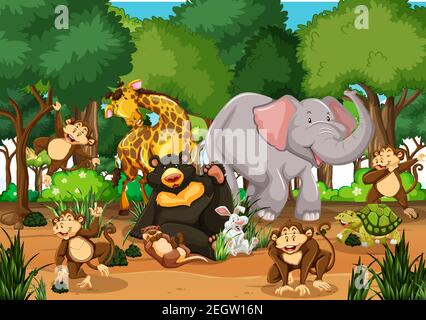 Many different animals in the forest scene illustration Stock Vector