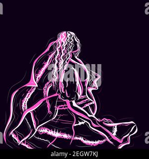 Abstract neon illustration of a woman performer for Cinco de Mayo. Spanish girl dancing and wearing a traditional colorful dress. Stock Vector