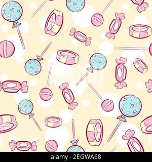 Kawaii pink seamless pattern with candies. Repetitive sweet background with peppermint, hard candies and lollipops. Pastel wallpaper for kids Stock Vector