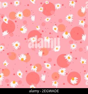 Spring seamless pattern with chamomile flowers and pink bubbles. Repetitive feminine and floral background with white flowers. Herbal wrapping paper. Stock Vector