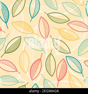 Minimal design with colorful leaves, seamless pattern. Repetitive background with autumn or spring plants. Abstract herbal vector with retro design. Stock Vector