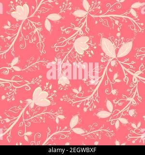 Pink botanical seamless pattern with leaves, branches and flowers. Repetitive background with floral and spring motifs. Elegant and delicate wallpaper Stock Vector