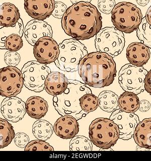 Seamless pattern with chocolate chip cookies. Repetitive background with breakfast biscuits and delicious cupcakes. Stock Vector