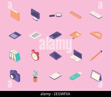 bundle of twenty work place equipment icons vector illustration design Stock Vector