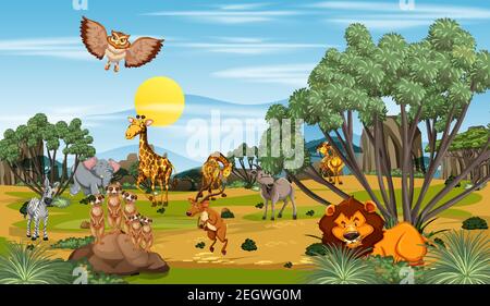 Many different animals in the forest scene illustration Stock Vector