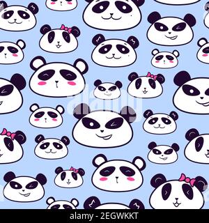 Panda heads seamless pattern for kids clothing. Repetitive background with black and white asian bears with pink ribbons. Stock Vector