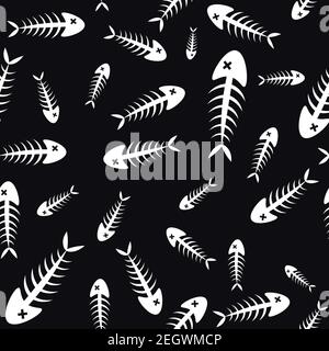Black and white seamless pattern with dead fish skeletons. Repetitive background with aquatic creature spines for pets and cats. Stock Vector
