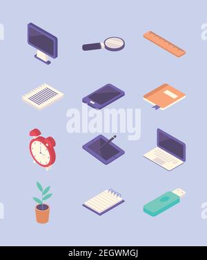bundle of twelve work place equipment icons vector illustration design Stock Vector