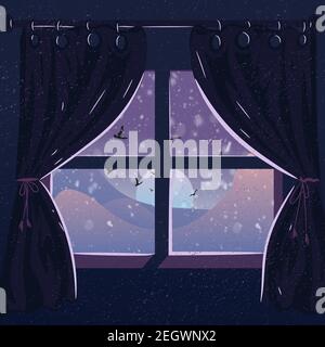 Twilight winter landscape seen through the window. Cozy home with curtains. Mountain view with snowflakes and birds. Stock Vector