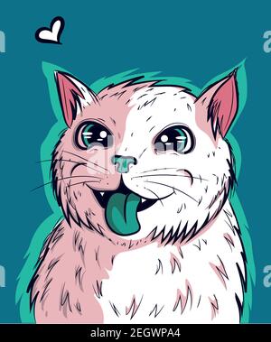Vector of white kitty vibing with its green tongue out. Cat with big anime eyes and psychedelic look. Stock Vector