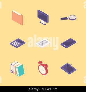 bundle of nine work place equipment icons vector illustration design Stock Vector
