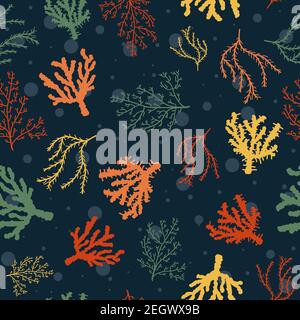 Ocean and marine life seamless pattern with corals and algaes. Botanical and tropical repetitive background with underwater plants and bubbles. Summer Stock Vector
