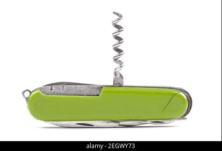 Close up of a broken multipurpose knife, isolated on white - Corkscrew Stock Photo