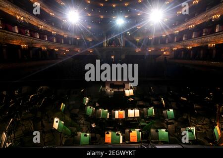 View from the stage at the auditorium in the Bolshoi Theatre (the Historical Stage) of Ballet and Opera in Moscow, Russia Stock Photo
