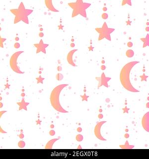 Minimalistic celestial seamless pattern with moons and stars with circles on top. Repetitive background with pink gradient. Conceptual sleep wallpaper Stock Vector