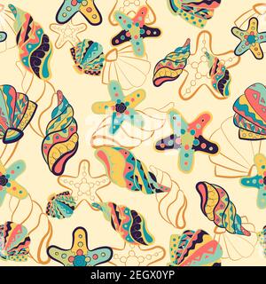 Seamless pattern with starfish, clams, oysters and shells. Repetitive background with sea creatures and ocean life. Invertebrate and reef undersea.