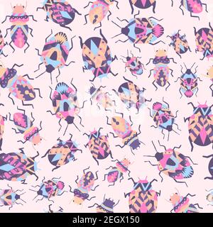 Tribal bugs with decorative lines seamless pattern. Repetitive background with bohemian insects crawling. Soft earth tones and pastels Stock Vector