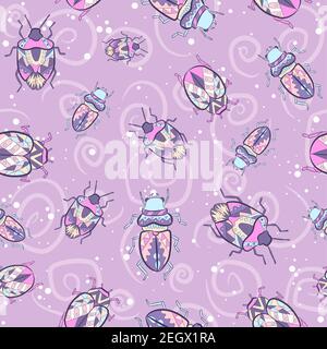 Hippie bohemian colored insects seamless pattern. Repetitive pattern with bugs. Traditional and ethnical motifs. Stock Vector