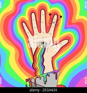 Vector art of a hand with the eye of God and a rainbow. Psychedelic and occult illustration about spirituality and palmistry. Stock Vector