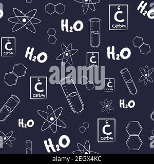 Seamless pattern with chemistry elements and sketches. Repetitive background with test tubes, formulas, elements and atoms. Science and research wallp Stock Vector