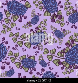 Retro indigo seamless pattern with blue roses and leaves. Floral repetitive background with purple summer flowers in bloom. Stock Vector