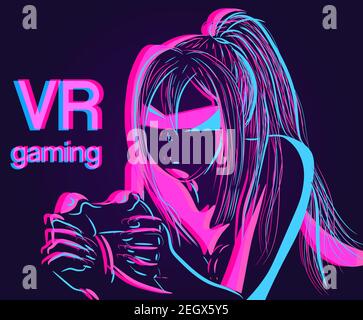 Pink and blue illustration of a gamer girl playing on a console. Neon vector of a virtual reality cyber and futuristic robot with glasses. Stock Vector
