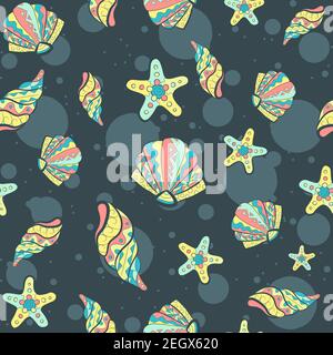 Colorful seamless pattern with different types of sea creatures. Underwater life, exotic and aquatic repetitive background. Shells, clams and starfish Stock Vector