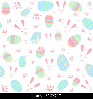 Pastel seamless pattern with rabbits, paws and eggs. Repetitive Easter background with bunnies for kids and babies. Christian and religious traditiona Stock Vector