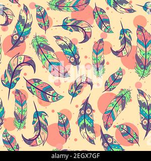 Bohemian seamless pattern with feathers and living coral circles. Repetitive aztec and boho chic background with colorful elements and indian motifs. Stock Vector