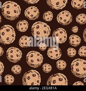 Seamless pattern of chocolate chip cookies. Repetitive background of sweet round biscuits with brown cream on top. Stock Vector